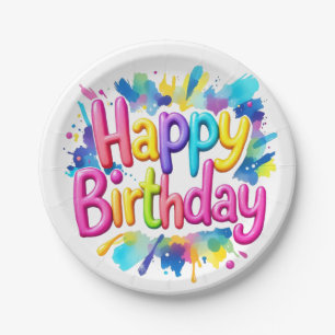 Colorful "Happy Birthday" Paint Splatter Paper Plate