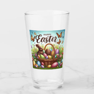 Colorful, Happy Easter basket with eggs Glass