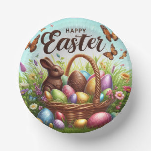 Colorful, Happy Easter basket with eggs Paper Plate