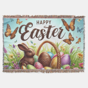 Colorful, Happy Easter basket with eggs Throw Blanket