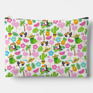 COLORFUL HAPPY FLAMINGOS TOUCANS AND FLOWERS ACCESSORY POUCH