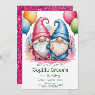 Colorful happy gnomes with balloons invitation