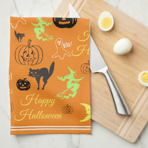 Colorful Happy Halloween Pattern Orange Tea Towel