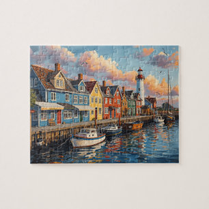 Colorful Harbor Lighthouse Town Jigsaw Puzzle