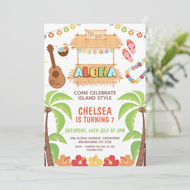Colorful Hawaiian Aloha Birthday Invitation (Standing Front)