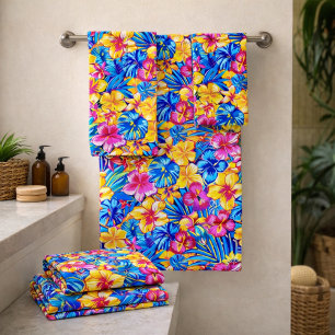Colorful Hawaiian Tropical Floral Palm Bath Towel Set