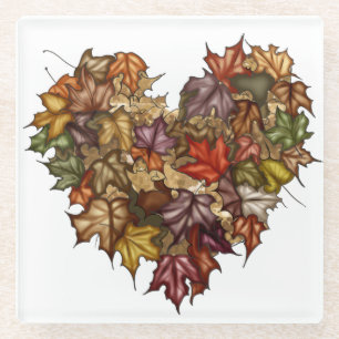 COLORFUL HEART SHAPED BOUQUET OF FALL LEAVES GLASS COASTER
