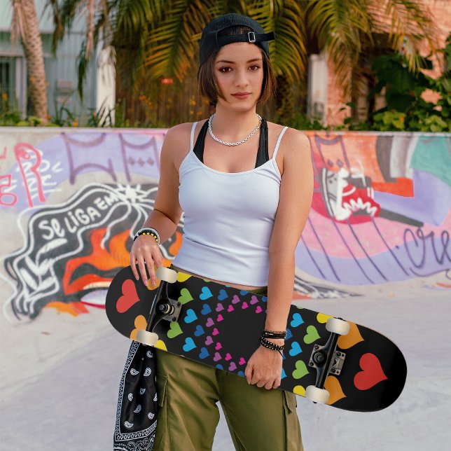 Colorful hearts around hearts black edition skateboard (Creator Uploaded)