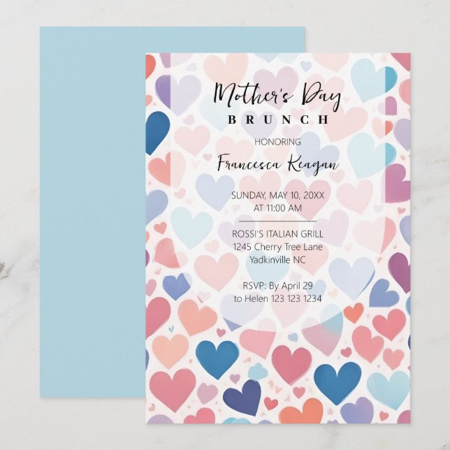 Colorful Hearts Mothers Day Brunch Back  Sky Blue  Invitation (Front/Back)