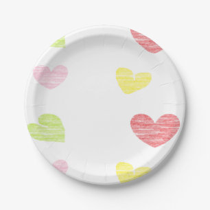 Colorful hearts on white paper plate