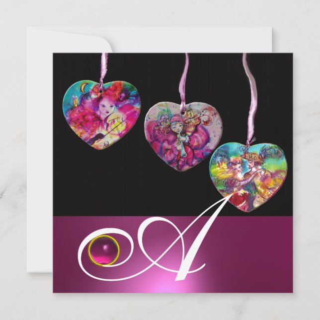 COLORFUL HEARTS PARTY ORNAMENTS GEM STONE MONOGRAM INVITATION (Front)
