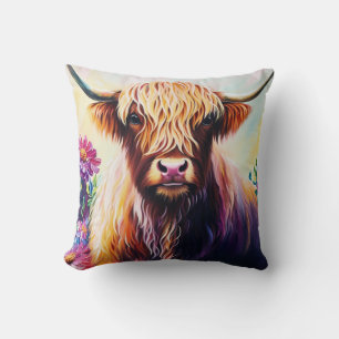 Colorful Highland Cow Floral Art Cushion