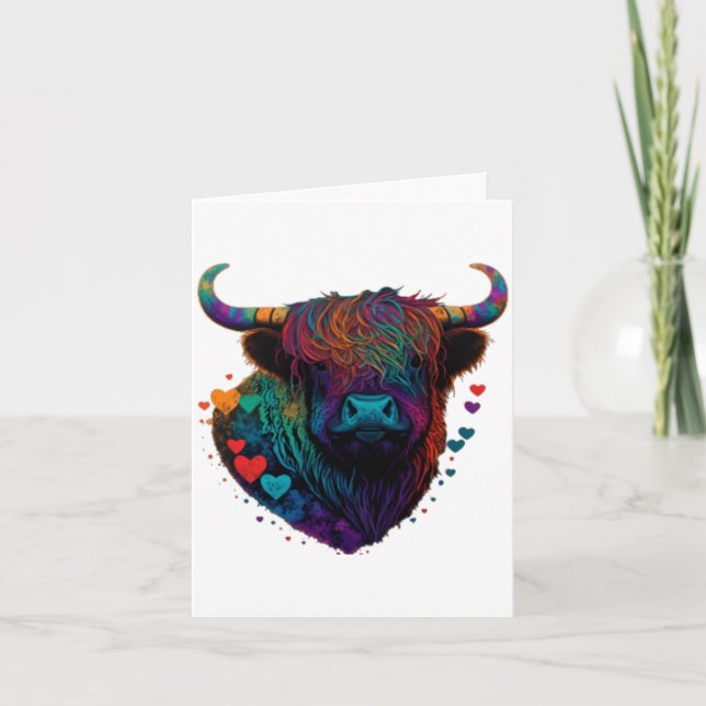 Colorful Highland Cow Valentines Day Farm Cow 1  Card (Front)
