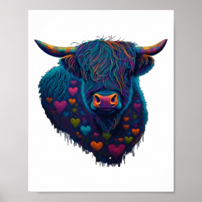 Colorful Highland Cow Valentines Day Farm Cow 2  Poster (Front)