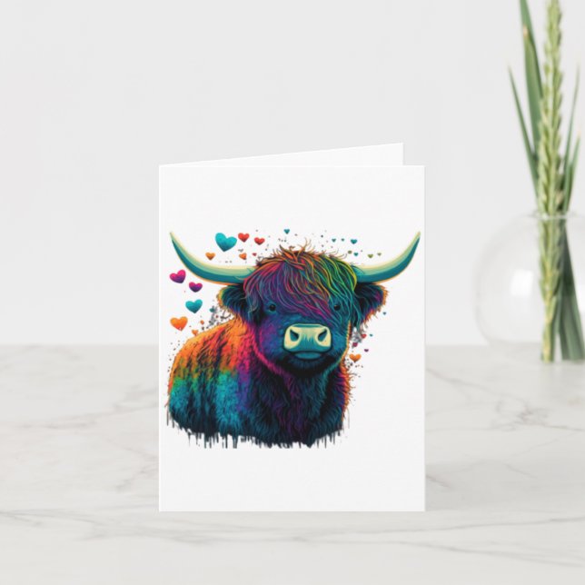 Colorful Highland Cow Valentines Day Farm Cow  Card (Front)