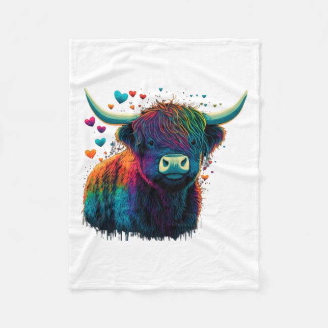 Colorful Highland Cow Valentines Day Farm Cow  Fleece Blanket (Front)