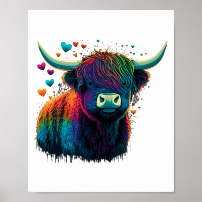 Colorful Highland Cow Valentines Day Farm Cow  Poster (Front)