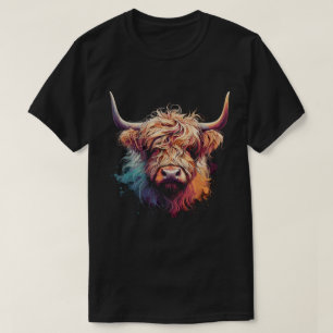 Colorful Highland Cow Watercolor Art Natural T-Shirt