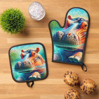 Colorful Hippo Oven Mitt & Pot Holder Set