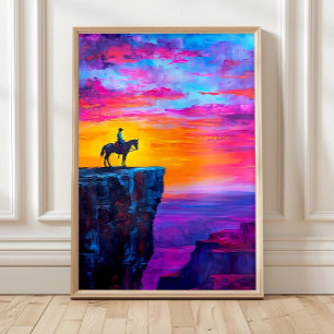 Colorful Horse Oil Painting Vintage Print Sunset