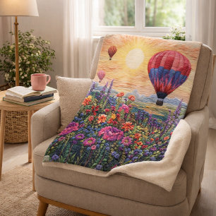Colorful Hot Air Balloon Wildflower sunset Sherpa Blanket
