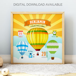 Colorful Hot Air Balloons Baby Birth Stats Poster