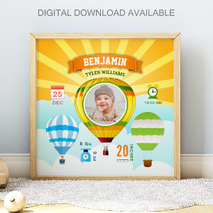 Colorful Hot Air Balloons Baby Photo Birth Stats Poster
