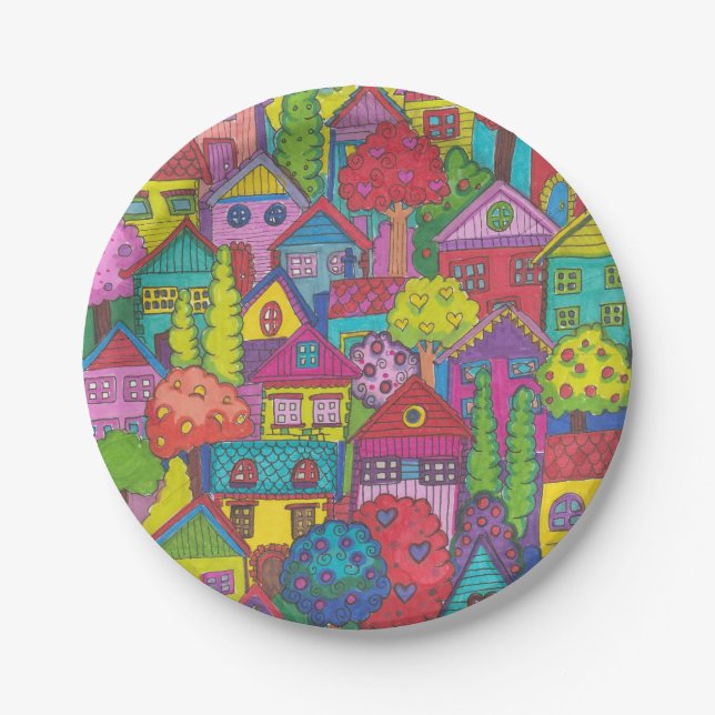 Colorful House Paper Plates (Front)