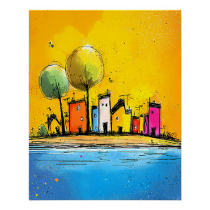 Colorful houses by the lake in Pop Art cartoon sty Poster