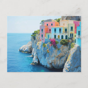 Colorful houses on a cliff near the sea postcard