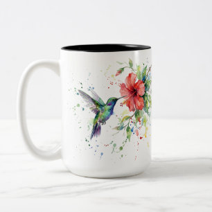 Colorful Hummingbird Watercolor Floral Nature Art Two-Tone Coffee Mug