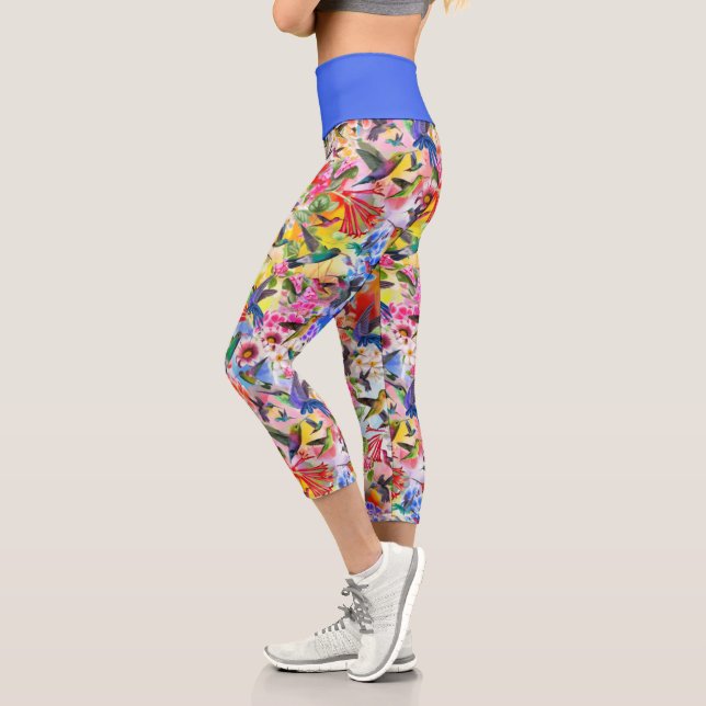 Colorful Hummingbirds and Flowers Capri Leggings (Left)