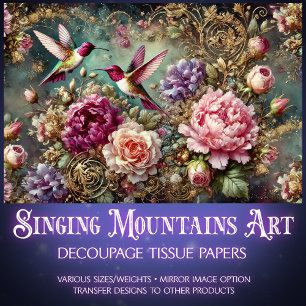 Colorful Hummingbirds & Antique Roses Decoupage  Tissue Paper