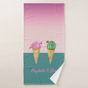 Colorful Ice Cream Cones Cactus Pink Flamingos Bath Towel