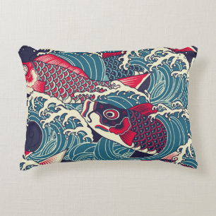 Colorful japanese Koi/carp fish in the wave seamle Decorative Cushion