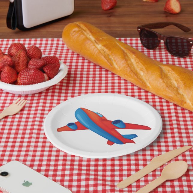 Colorful Jet Airplane Red and Blue Plane Paper Plate (Picnic)