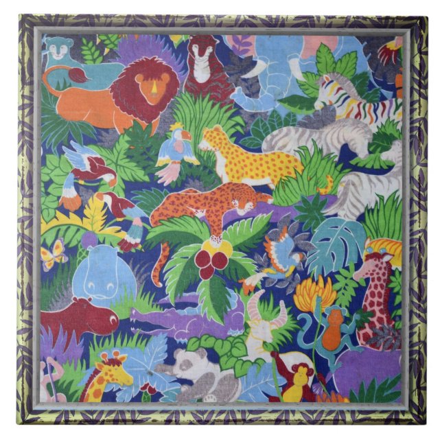 Colorful Jungle Animals Ceramic Tile (Front)