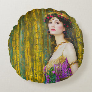 Colorful Klimt Style Collage Portrait of a Woman Round Cushion