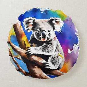 Colorful Koala Bear Watercolour Splash, Round Cushion