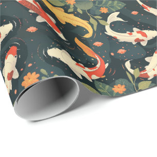 Colorful Koi and Lily Pads on Charcoal Blue Gift  Wrapping Paper