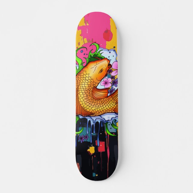 Colorful Koi Fish Water Art Illustration Skateboard (Front)