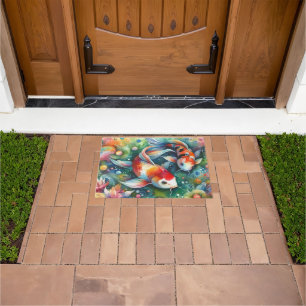 Colorful Koi Fish Whimsical Watercolor Orange Teal Doormat