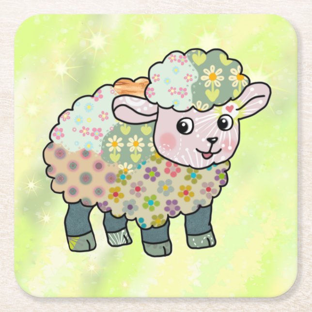 colorful lamb postcard square paper coaster (Front)