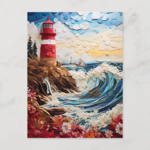Colorful lighthouse in paper cut postcard