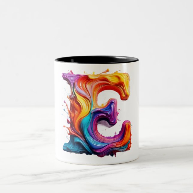 Colorful Liquid Letter "E" Mug – Vibrant 3D Paint  (Center)