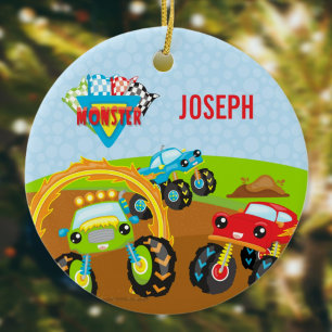 Colorful Little Boy Monster Trucks Name Christmas Ceramic Ornament