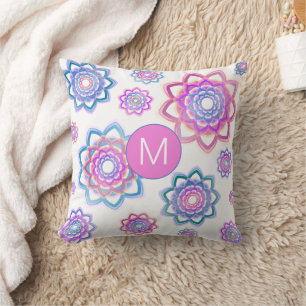Colorful Lotus Floral Monogram Pink Blue Green Cushion