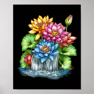 Colorful Lotus Waterfall Zen Garden Meditation Poster