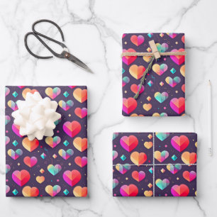 Colorful Love Heart Illustrated Valentines Day Wrapping Paper Sheet