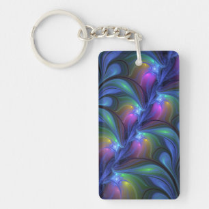 Colorful Luminous Abstract Blue Pink Green Fractal Key Ring